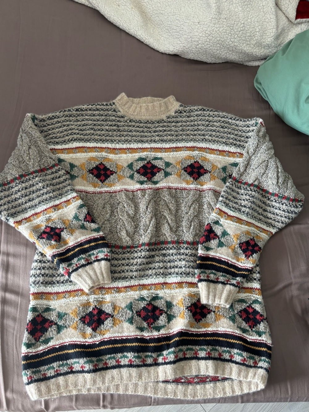 Men's Cream Fair Isle Cable Crewneck Sweater